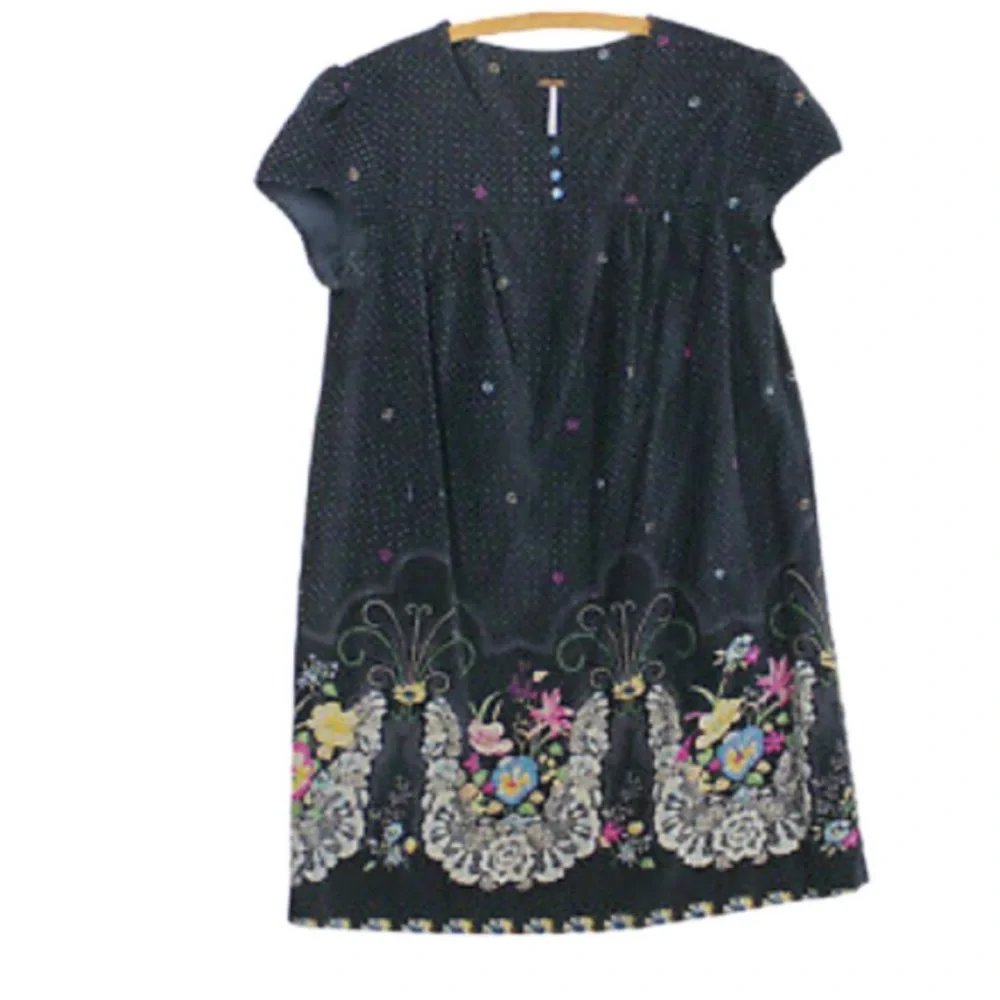 Free People A-line babydoll black polka dot floral cap sleeve velvet dress Sz 4